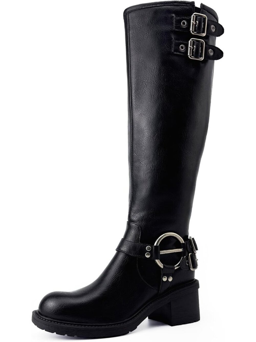 Women's Metal Black Knee High Boots Chunky Heel Wide Calf Round Toe Tall Boots